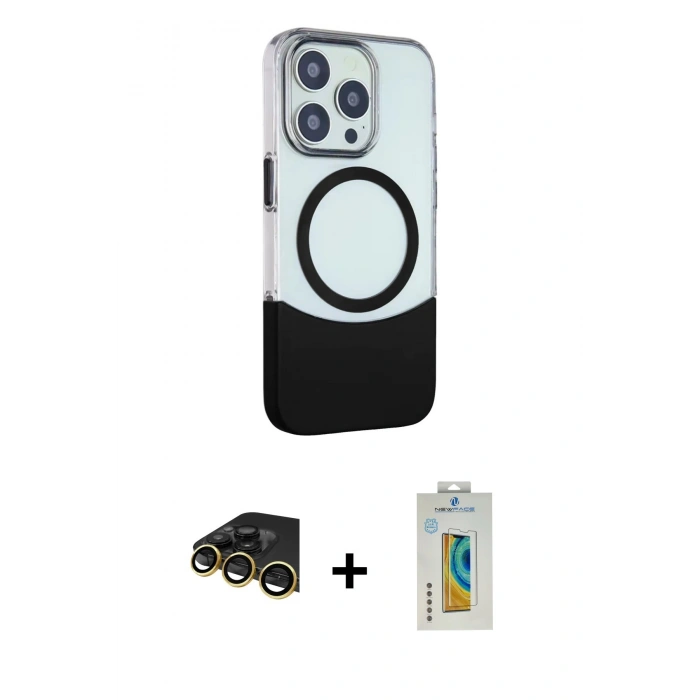 MARSİLYAN™- iPhone 14 Pro Max Kılıf Çekirdek Asil Özel Seri - Siyah Polymer Nano Ekran Koruyucu + Raze Metal Kamera Lens - GD