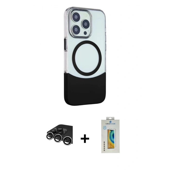 MARSİLYAN™- iPhone 14 Pro Max Kılıf Çekirdek Asil Özel Seri - Siyah Polymer Nano Ekran Koruyucu + Raze Metal Kamera Lens - GS