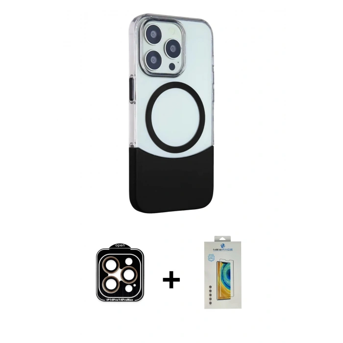 MARSİLYAN™- iPhone 14 Pro Max Kılıf Çekirdek Asil Özel Seri - Siyah Polymer Nano Ekran Koruyucu + Turuncu PVD Metal Kamera Lens