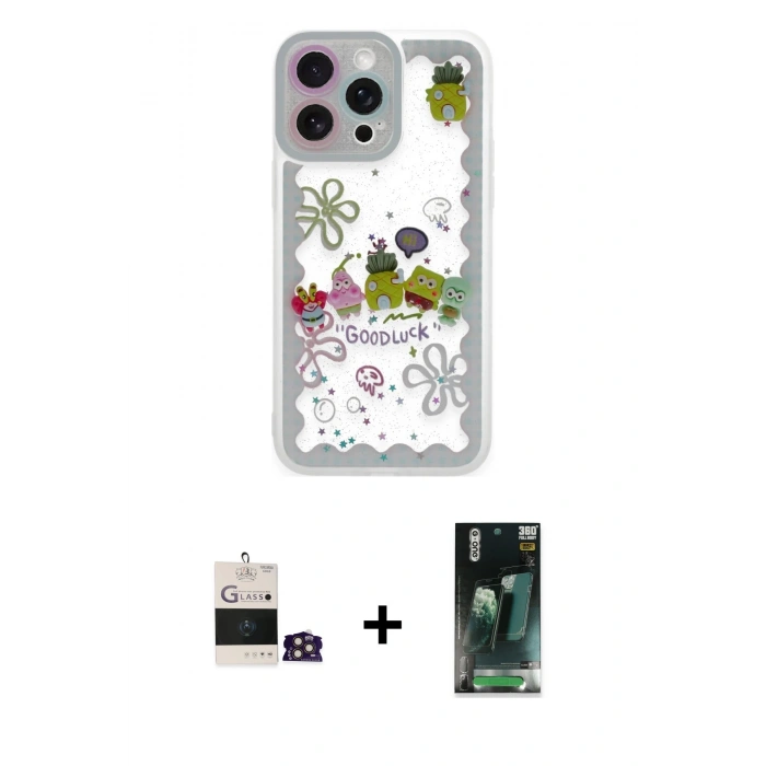 MARSİLYAN™- iPhone 14 Pro Max Kılıf Çekirdek Asil - Şeffaf 360 Full Body Arka Koruyucu + Bilvis Titan Kamera Lens - GD