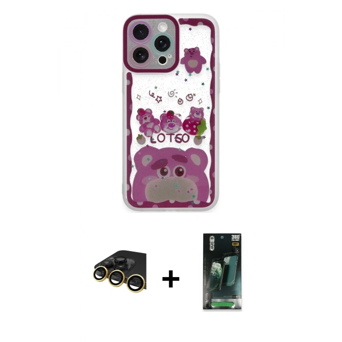 MARSİLYAN™- iPhone 14 Pro Max Kılıf Çekirdek Asil - Şeffaf 360 Full Body Arka Koruyucu + Gold Raze Metal Kamera Lens