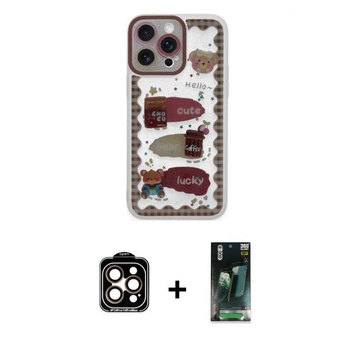 MARSİLYAN™- iPhone 14 Pro Max Kılıf Çekirdek Asil - Şeffaf 360 Full Body Arka Koruyucu + PVD Metal Kamera Lens - TU