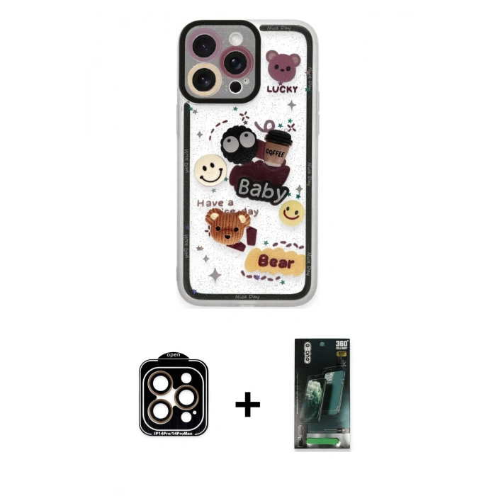 MARSİLYAN™- iPhone 14 Pro Max Kılıf Çekirdek Asil - Şeffaf 360 Full Body Arka Koruyucu + PVD Metal Kamera Lens - TU