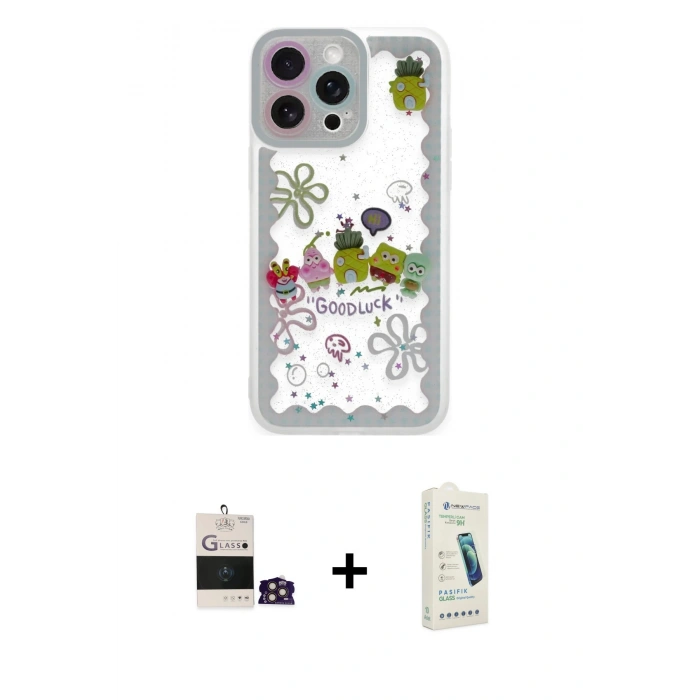 MARSİLYAN™- iPhone 14 Pro Max Kılıf Çekirdek Asil - Şeffaf Pasifik Cam Ekran Koruyucu + Bilvis Titan Kamera Lens - GD