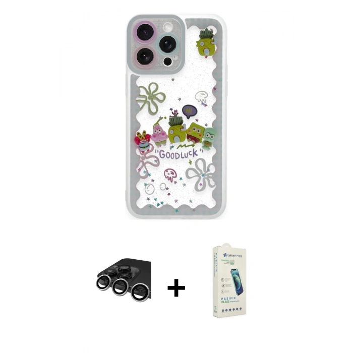 MARSİLYAN™- iPhone 14 Pro Max Kılıf Çekirdek Asil - Şeffaf Pasifik Cam Ekran Koruyucu + Raze Metal Kamera Lens - GS