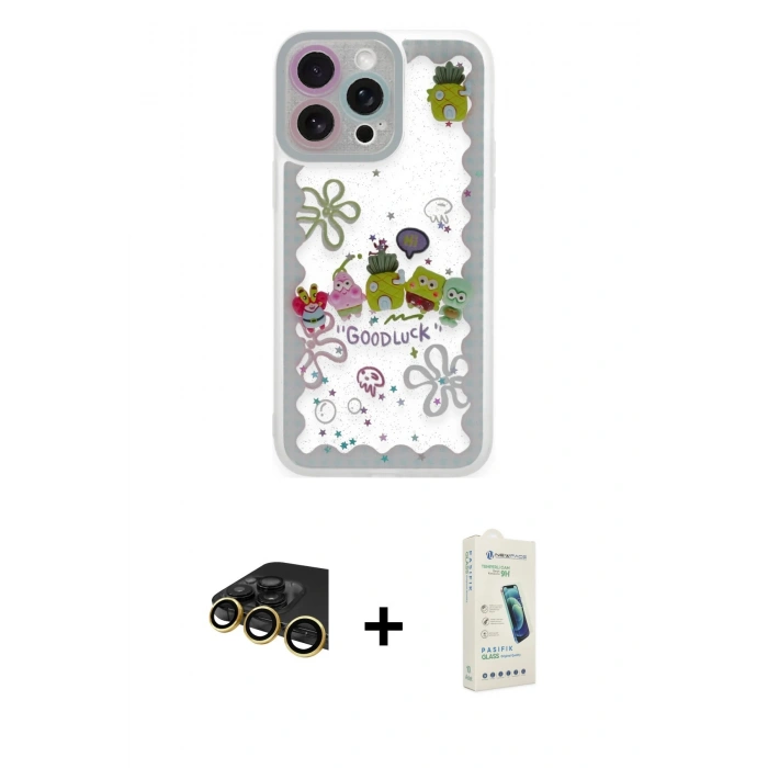 MARSİLYAN™- iPhone 14 Pro Max Kılıf Çekirdek Asil - Şeffaf Pasifik Cam Ekran Koruyucu + Raze Metal Kamera Lens - GD