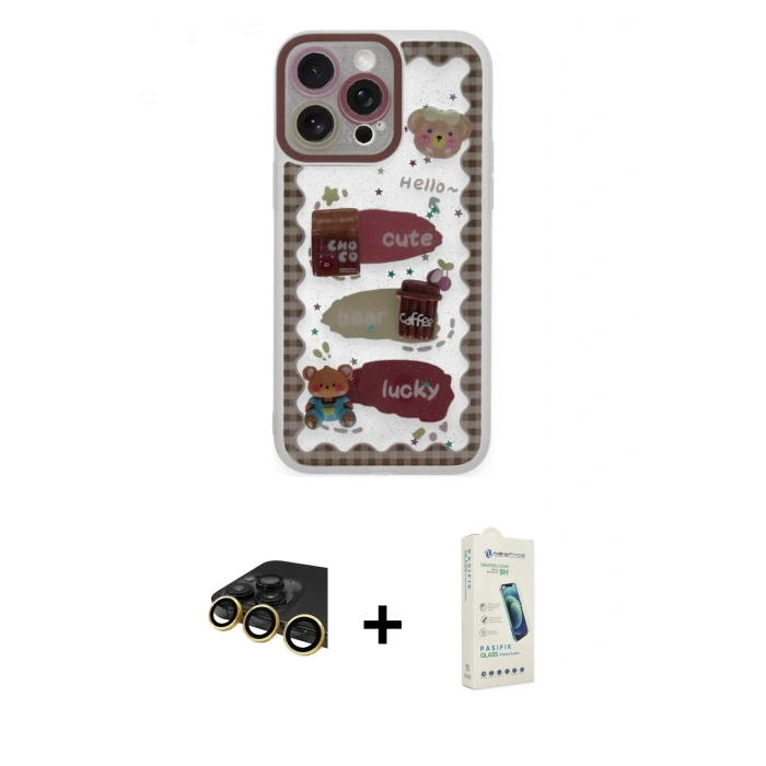 MARSİLYAN™- iPhone 14 Pro Max Kılıf Çekirdek Asil - Şeffaf Pasifik Cam Ekran Koruyucu + Raze Metal Kamera Lens - GD