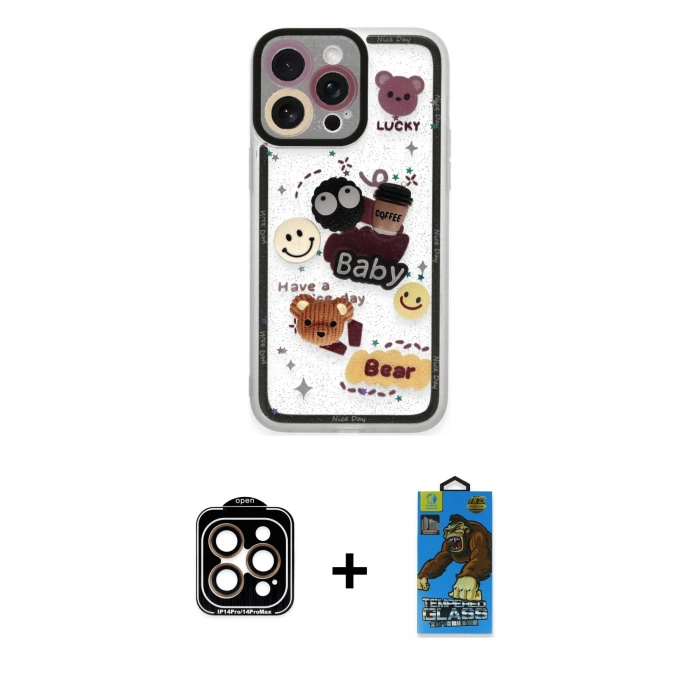 MARSİLYAN™- iPhone 14 Pro Max Kılıf Çekirdek Asil - Siyah 18D Cam Ekran Koruyucu + PVD Metal Kamera Lens - TU