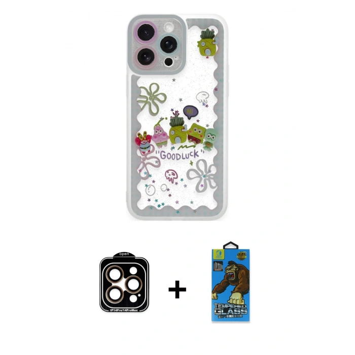 MARSİLYAN™- iPhone 14 Pro Max Kılıf Çekirdek Asil - Siyah 18D Cam Ekran Koruyucu + PVD Metal Kamera Lens - TU