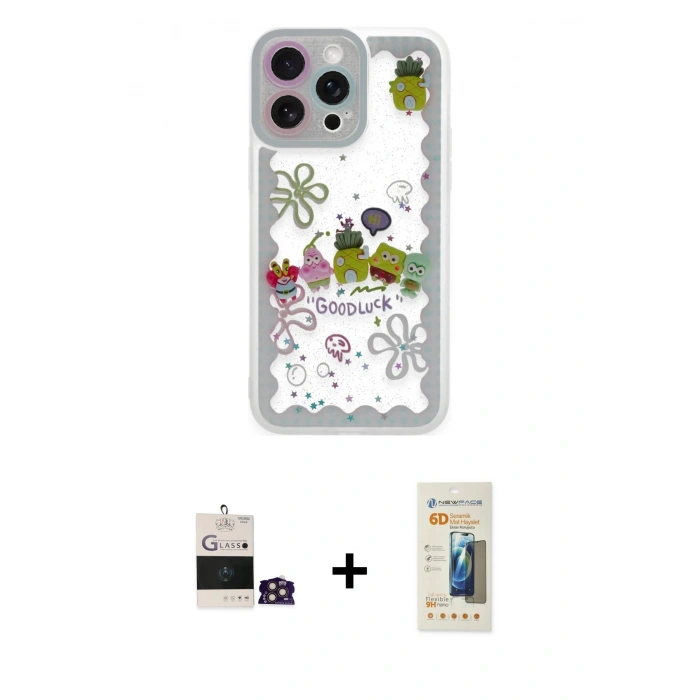 MARSİLYAN™- iPhone 14 Pro Max Kılıf Çekirdek Asil - Siyah 6D Mat Seramik Hayalet Nano Ekran Koruyucu + Bilvis Titan Kamera Lens - GD