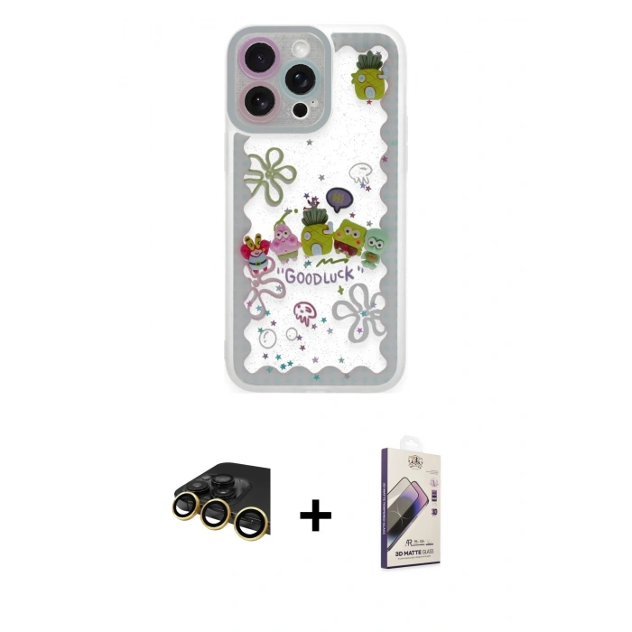 MARSİLYAN™- iPhone 14 Pro Max Kılıf Çekirdek Asil - Siyah Bilvis 3D Mat Cam Ekran Koruyucu + Gold Raze Metal Kamera Lens