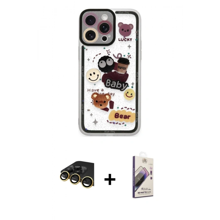 MARSİLYAN™- iPhone 14 Pro Max Kılıf Çekirdek Asil - Siyah Bilvis 3D Mat Cam Ekran Koruyucu + Gold Raze Metal Kamera Lens