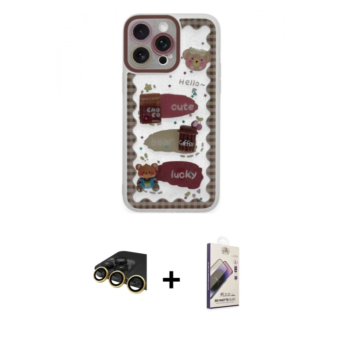 MARSİLYAN™- iPhone 14 Pro Max Kılıf Çekirdek Asil - Siyah Bilvis 3D Mat Cam Ekran Koruyucu + Gold Raze Metal Kamera Lens