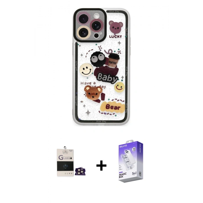MARSİLYAN™- iPhone 14 Pro Max Kılıf Çekirdek Asil - Siyah Bilvis 5in1 3D Magic Cam Ekran Koruyucu + Bilvis Titan Kamera Lens - GD