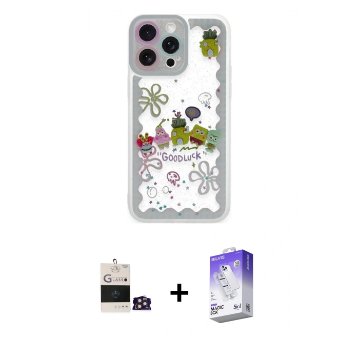 MARSİLYAN™- iPhone 14 Pro Max Kılıf Çekirdek Asil - Siyah Bilvis 5in1 3D Magic Cam Ekran Koruyucu + Bilvis Titan Kamera Lens - GD