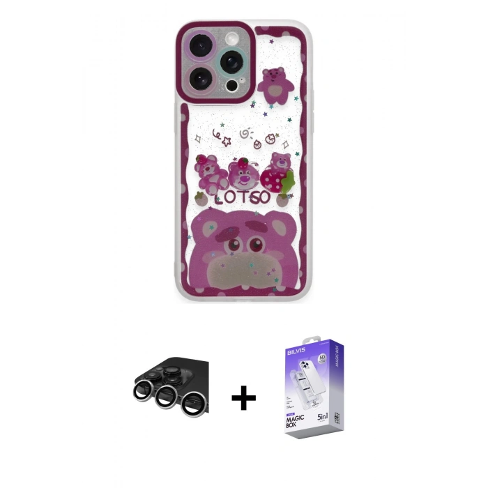 MARSİLYAN™- iPhone 14 Pro Max Kılıf Çekirdek Asil - Siyah Bilvis 5in1 3D Magic Cam Ekran Koruyucu + Gümüş Raze Metal Kamera Lens