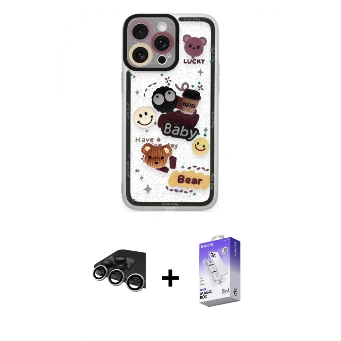 MARSİLYAN™- iPhone 14 Pro Max Kılıf Çekirdek Asil - Siyah Bilvis 5in1 3D Magic Cam Ekran Koruyucu + Gümüş Raze Metal Kamera Lens