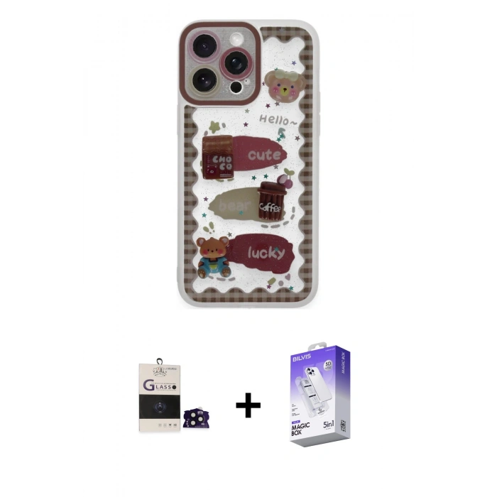 MARSİLYAN™- iPhone 14 Pro Max Kılıf Çekirdek Asil - Siyah Bilvis 5in1 3D Magic Cam Ekran Koruyucu + Siyah Bilvis Titan Kamera Lens
