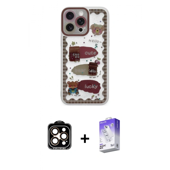 MARSİLYAN™- iPhone 14 Pro Max Kılıf Çekirdek Asil - Siyah Bilvis 5in1 3D Magic Cam Ekran Koruyucu + PVD Metal Kamera Lens - TU