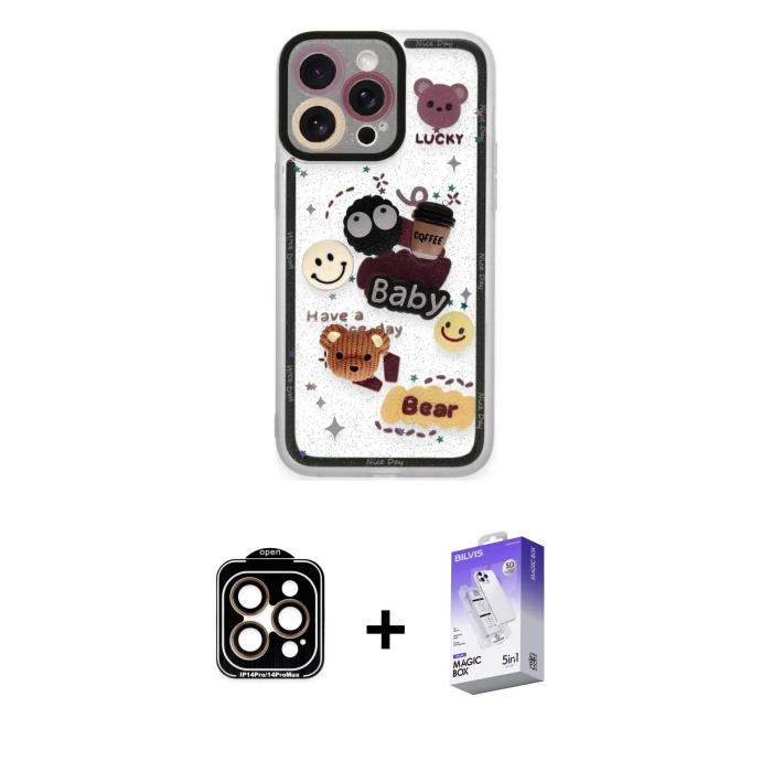 MARSİLYAN™- iPhone 14 Pro Max Kılıf Çekirdek Asil - Siyah Bilvis 5in1 3D Magic Cam Ekran Koruyucu + PVD Metal Kamera Lens - TU