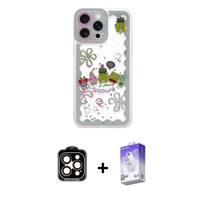 MARSİLYAN™- iPhone 14 Pro Max Kılıf Çekirdek Asil - Siyah Bilvis 5in1 3D Magic Cam Ekran Koruyucu + PVD Metal Kamera Lens - TU