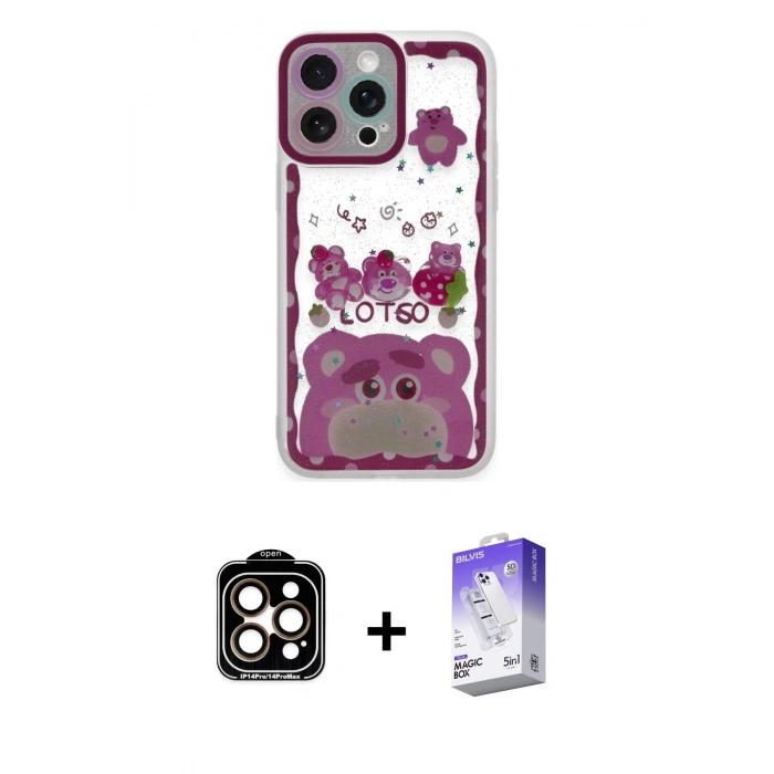 MARSİLYAN™- iPhone 14 Pro Max Kılıf Çekirdek Asil - Siyah Bilvis 5in1 3D Magic Cam Ekran Koruyucu + PVD Metal Kamera Lens - TU