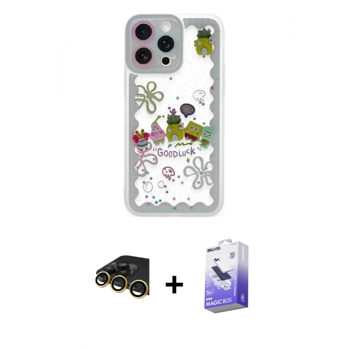 MARSİLYAN™- iPhone 14 Pro Max Kılıf Çekirdek Asil - Siyah Bilvis 5in1 5D Magic Hayalet Cam Ekran Koruyucu + Raze Metal Kamera Lens - GD