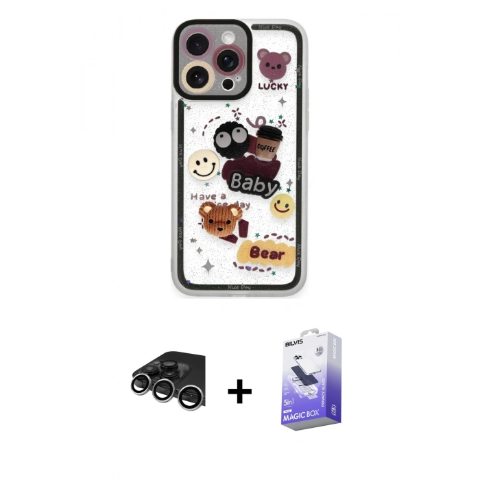 MARSİLYAN™- iPhone 14 Pro Max Kılıf Çekirdek Asil - Siyah Bilvis 5in1 5D Magic Hayalet Cam Ekran Koruyucu + Gümüş Raze Metal Kamera Lens