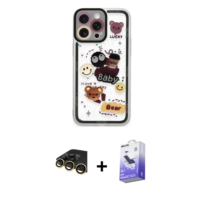 MARSİLYAN™- iPhone 14 Pro Max Kılıf Çekirdek Asil - Siyah Bilvis 5in1 5D Magic Hayalet Cam Ekran Koruyucu + Raze Metal Kamera Lens - GD