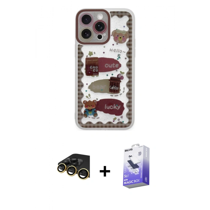 MARSİLYAN™- iPhone 14 Pro Max Kılıf Çekirdek Asil - Siyah Bilvis 5in1 5D Magic Hayalet Cam Ekran Koruyucu + Raze Metal Kamera Lens - GD