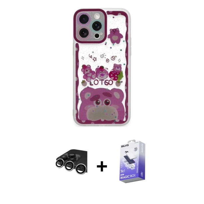 MARSİLYAN™- iPhone 14 Pro Max Kılıf Çekirdek Asil - Siyah Bilvis 5in1 5D Magic Hayalet Cam Ekran Koruyucu + Gümüş Raze Metal Kamera Lens