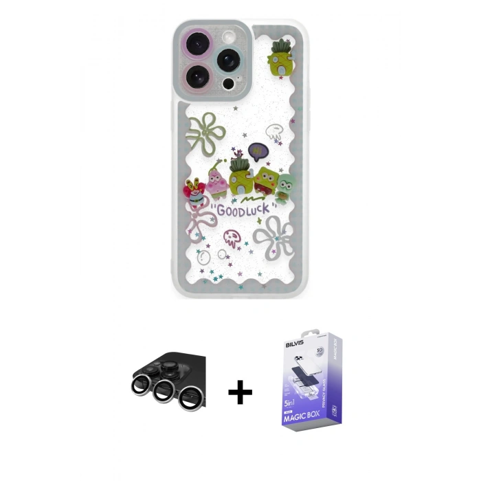MARSİLYAN™- iPhone 14 Pro Max Kılıf Çekirdek Asil - Siyah Bilvis 5in1 5D Magic Hayalet Cam Ekran Koruyucu + Gümüş Raze Metal Kamera Lens