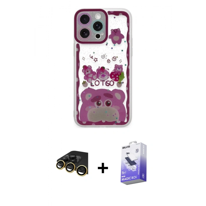 MARSİLYAN™- iPhone 14 Pro Max Kılıf Çekirdek Asil - Siyah Bilvis 5in1 5D Magic Hayalet Cam Ekran Koruyucu + Raze Metal Kamera Lens - GD