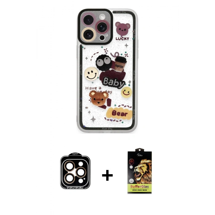 MARSİLYAN™- iPhone 14 Pro Max Kılıf Çekirdek Asil - Siyah Buffer Cam Ekran Koruyucu + PVD Metal Kamera Lens - TU