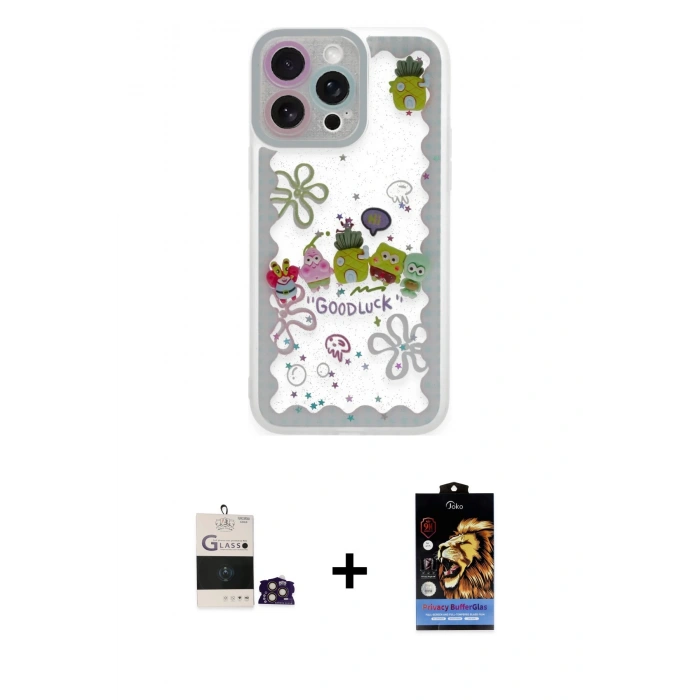 MARSİLYAN™- iPhone 14 Pro Max Kılıf Çekirdek Asil - Siyah Buffer Hayalet Cam Ekran Koruyucu + Bilvis Titan Kamera Lens - GD