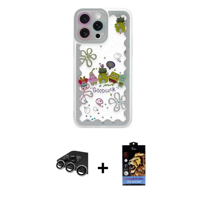 MARSİLYAN™- iPhone 14 Pro Max Kılıf Çekirdek Asil - Siyah Buffer Hayalet Cam Ekran Koruyucu + Raze Metal Kamera Lens - GS