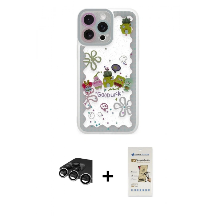 MARSİLYAN™- iPhone 14 Pro Max Kılıf Çekirdek Asil - Siyah Mat Seramik Nano Ekran Koruyucu + Raze Metal Kamera Lens - GS