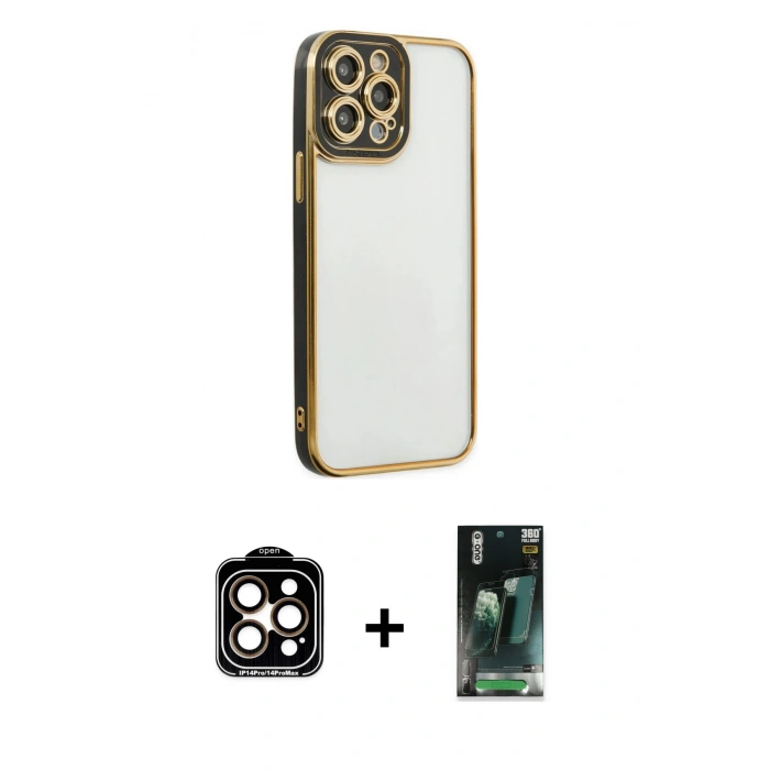 MARSİLYAN™- iPhone 14 Pro Max Kılıf Çekirdek Klasik Serisi - Şeffaf 360 Full Body Arka Koruyucu + PVD Metal Kamera Lens - TU