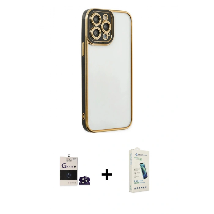 MARSİLYAN™- iPhone 14 Pro Max Kılıf Çekirdek Klasik Serisi - Şeffaf Pasifik Cam Ekran Koruyucu + Bilvis Titan Kamera Lens - DNMR