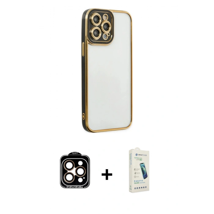 MARSİLYAN™- iPhone 14 Pro Max Kılıf Çekirdek Klasik Serisi - Şeffaf Pasifik Cam Ekran Koruyucu + PVD Metal Kamera Lens - TU