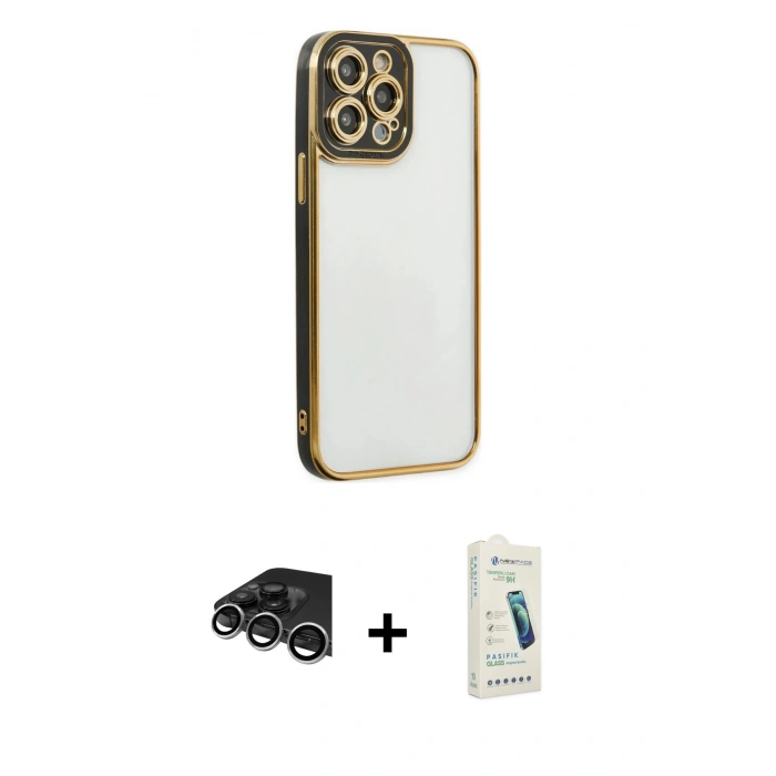 MARSİLYAN™- iPhone 14 Pro Max Kılıf Çekirdek Klasik Serisi - Şeffaf Pasifik Cam Ekran Koruyucu + Raze Metal Kamera Lens - GS