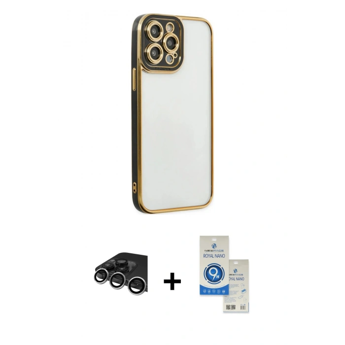 MARSİLYAN™- iPhone 14 Pro Max Kılıf Çekirdek Klasik Serisi - Şeffaf Royal Nano Ekran Koruyucu + Raze Metal Kamera Lens - GS