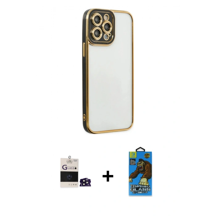 MARSİLYAN™- iPhone 14 Pro Max Kılıf Çekirdek Klasik Serisi - Siyah 18D Cam Ekran Koruyucu + Derin Mor Bilvis Titan Kamera Lens
