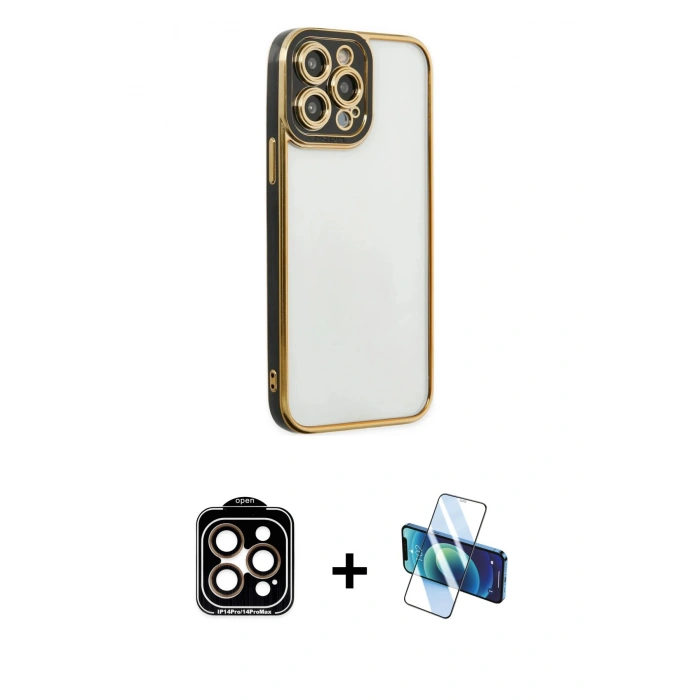 MARSİLYAN™- iPhone 14 Pro Max Kılıf Çekirdek Klasik Serisi - Siyah 3D Antistatik Cam Ekran Koruyucu + PVD Metal Kamera Lens - TU