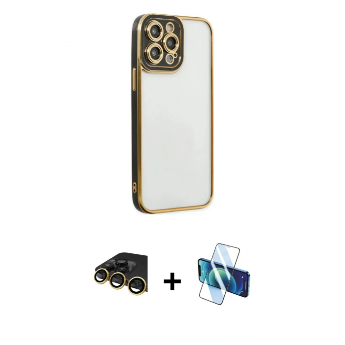 MARSİLYAN™- iPhone 14 Pro Max Kılıf Çekirdek Klasik Serisi - Siyah 3D Antistatik Cam Ekran Koruyucu + Raze Metal Kamera Lens - GD