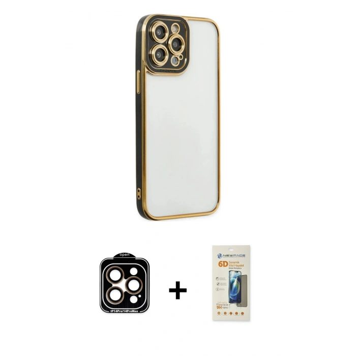 MARSİLYAN™- iPhone 14 Pro Max Kılıf Çekirdek Klasik Serisi - Siyah 6D Mat Seramik Hayalet Nano Ekran Koruyucu + PVD Metal Kamera Lens - TU