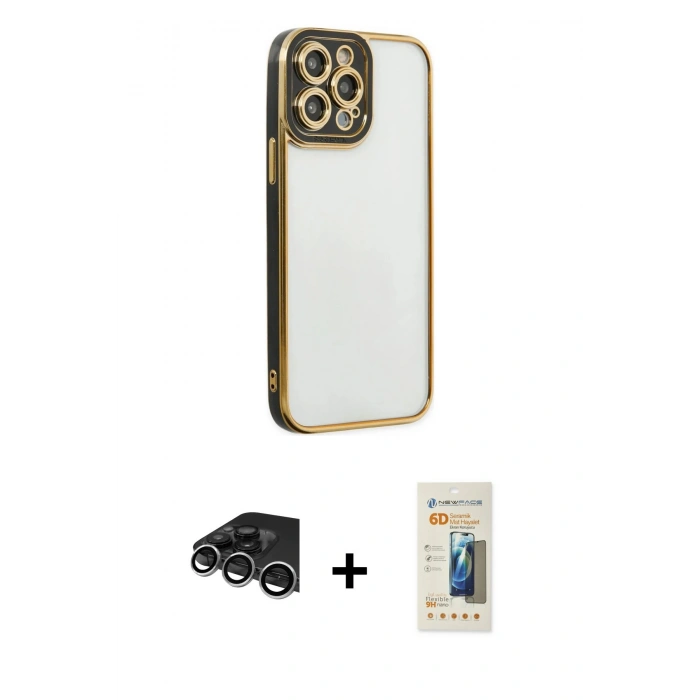 MARSİLYAN™- iPhone 14 Pro Max Kılıf Çekirdek Klasik Serisi - Siyah 6D Mat Seramik Hayalet Nano Ekran Koruyucu + Raze Metal Kamera Lens - GS