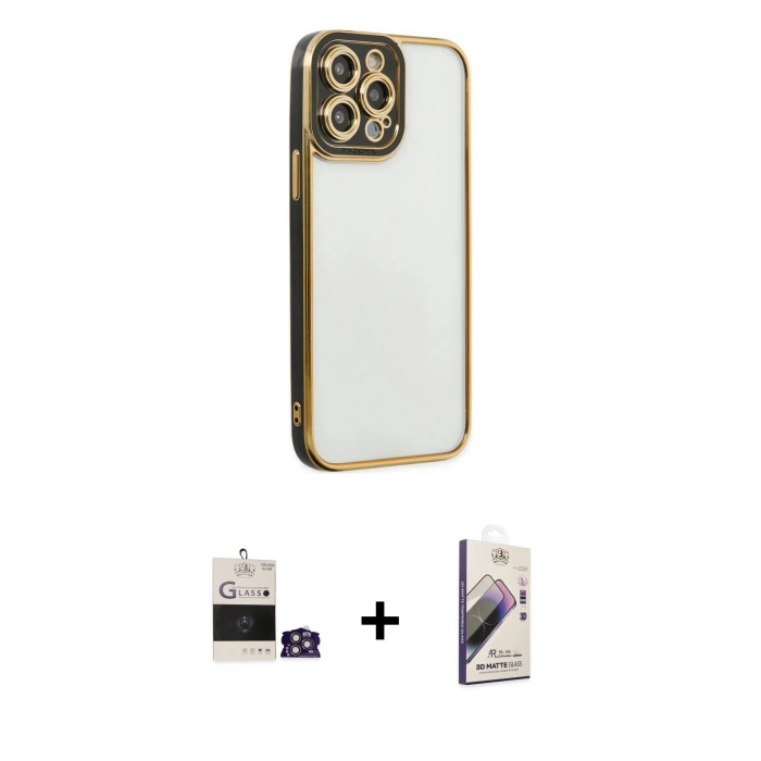 MARSİLYAN™- iPhone 14 Pro Max Kılıf Çekirdek Klasik Serisi - Siyah Bilvis 3D Mat Cam Ekran Koruyucu + Bilvis Titan Kamera Lens - GS
