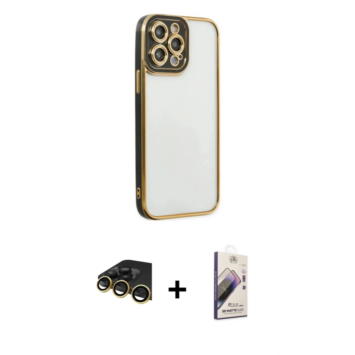 MARSİLYAN™- iPhone 14 Pro Max Kılıf Çekirdek Klasik Serisi - Siyah Bilvis 3D Mat Cam Ekran Koruyucu + Raze Metal Kamera Lens - GD