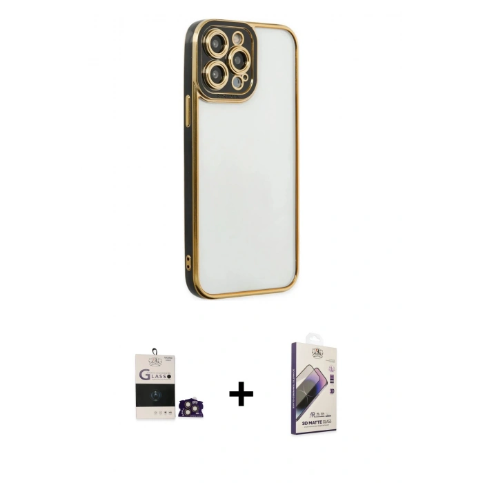 MARSİLYAN™- iPhone 14 Pro Max Kılıf Çekirdek Klasik Serisi - Siyah Bilvis 3D Mat Cam Ekran Koruyucu + Bilvis Titan Kamera Lens - GD